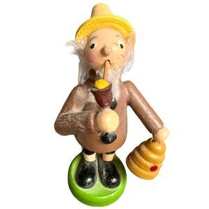 Erzgebirge Vintage German Pipe Smoker Man & Beehive Decorative Wooden Figurine.